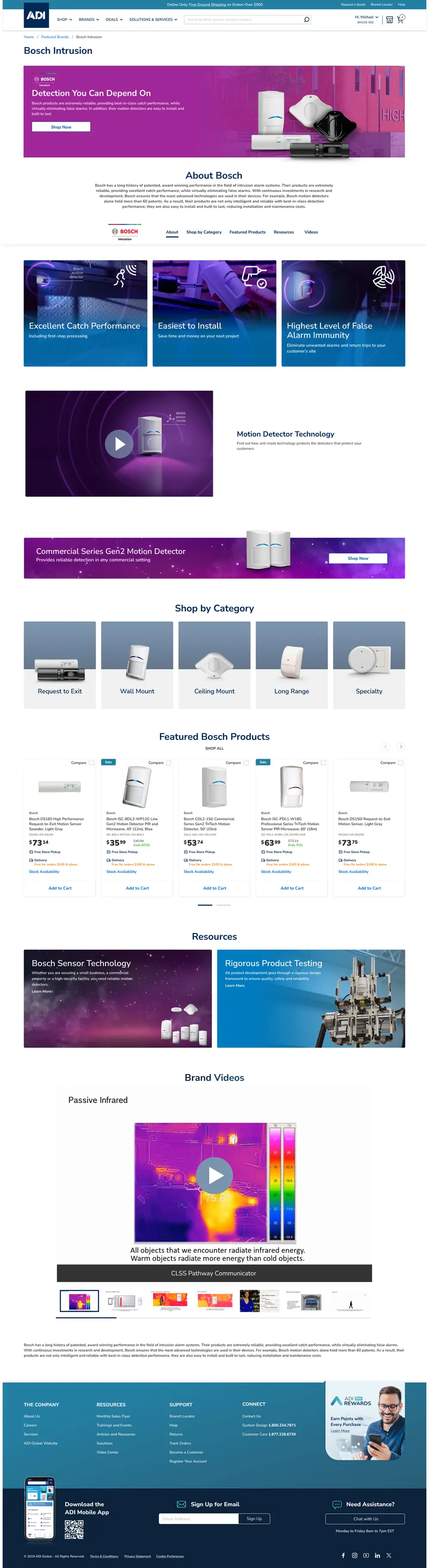 Bosch Intrusion brand page on desktop