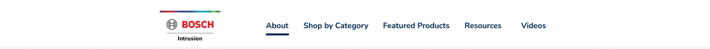 Sticky brand-page navigation with the Bosch logo and links: About, Shop by Category, Featured Products, Resources, Videos
