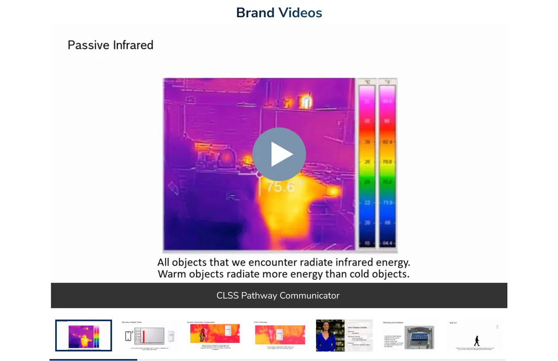 Brand Videos section with a thermal-imaging video player and a row of video thumbnails