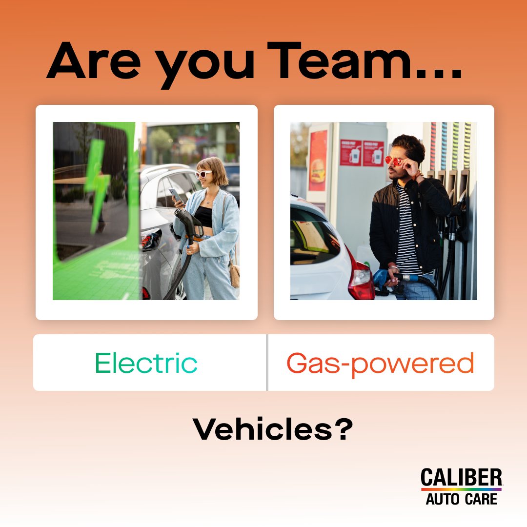 Caliber Auto Care Facebook post asking electric vs. gas-powered vehicles, orange brand treatment