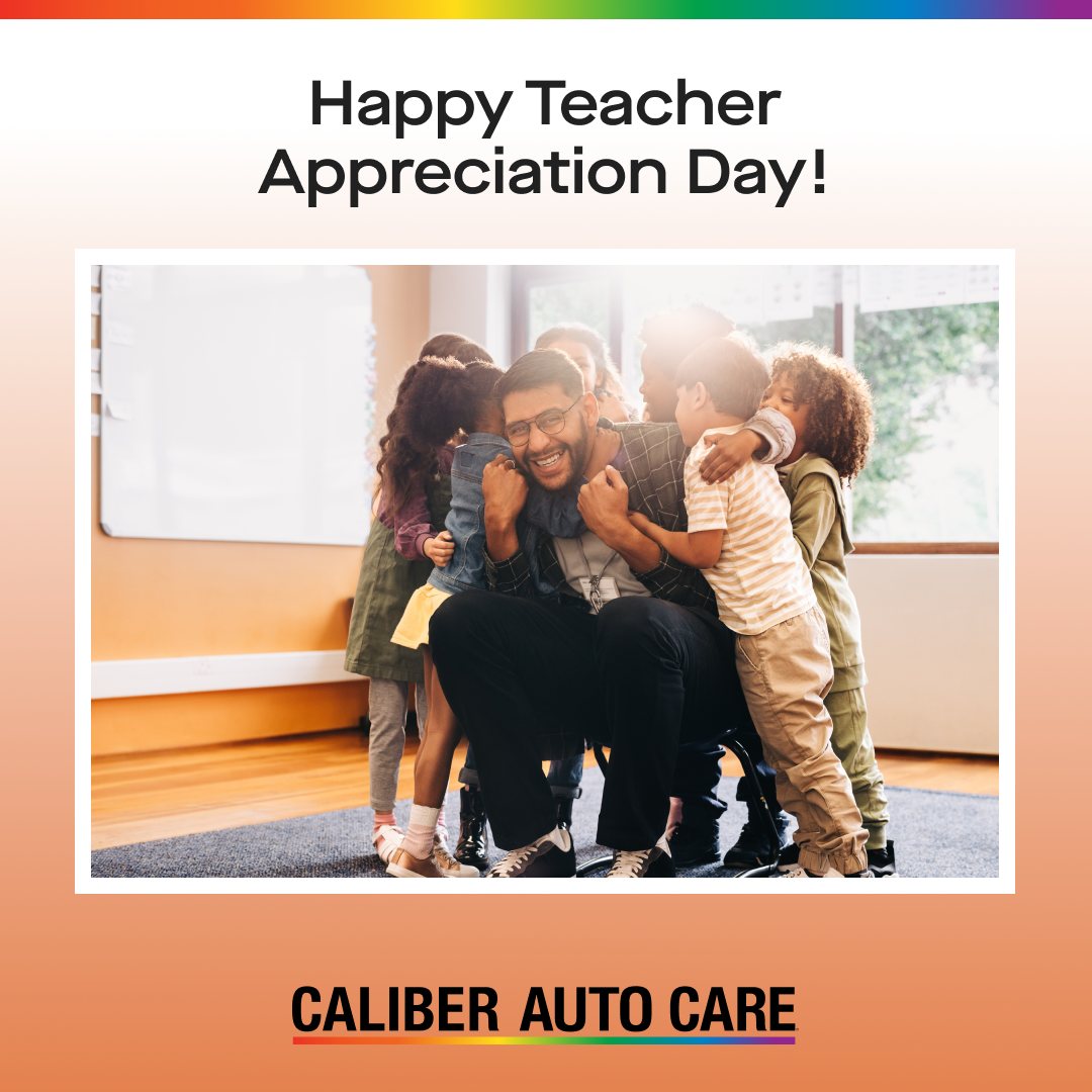 Caliber Auto Care Facebook post for Teacher Appreciation Day, orange brand treatment