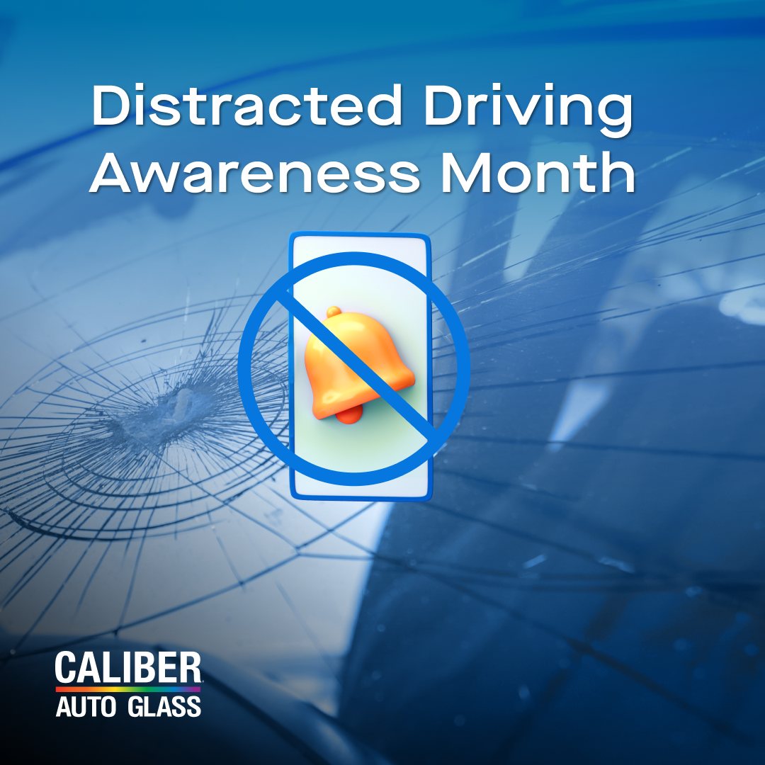 Caliber Auto Glass Facebook post for Distracted Driving Awareness Month, blue brand treatment