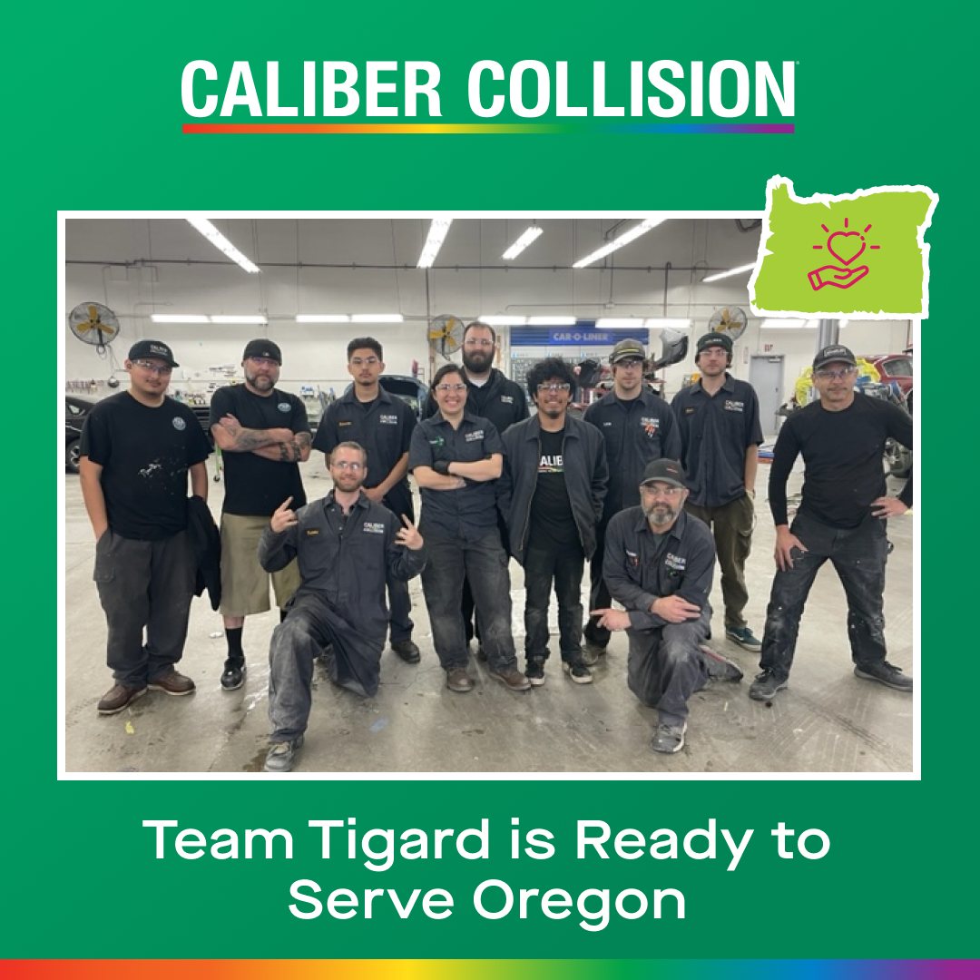 Caliber Collision Team Tigard Facebook post, green brand treatment