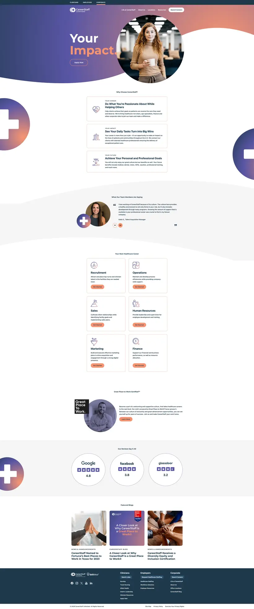 Corporate careers homepage in purple and coral: 'Your Impact.' hero, reasons to join, team testimonials, career departments, Great Place to Work and review ratings