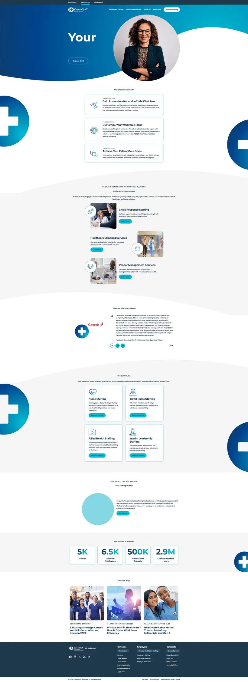 Employers homepage in blue: workforce solutions, crisis response and managed services, client testimonial, staffing types and success numbers