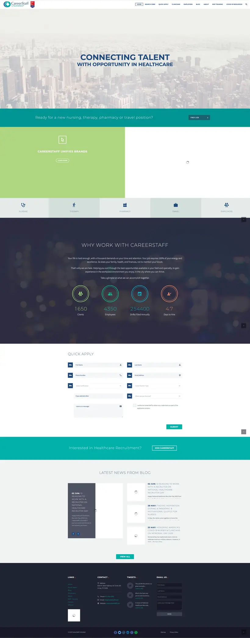 Full-page screenshot of the original CareerStaff Unlimited website, with a city skyline hero, a crowded top menu and a Quick Apply form
