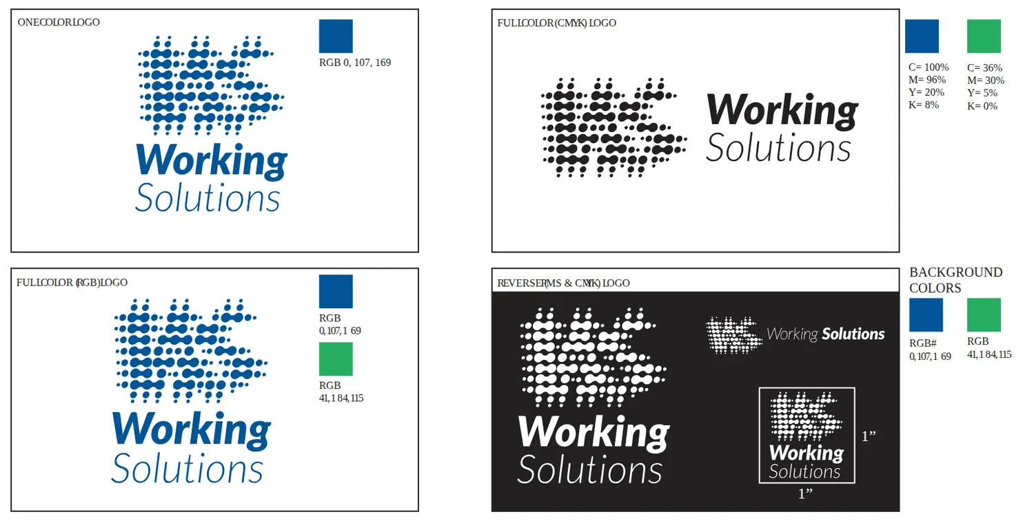 Logo exploration 1: a field of connected dots forming a network, shown in one-color, full-color and reverse versions