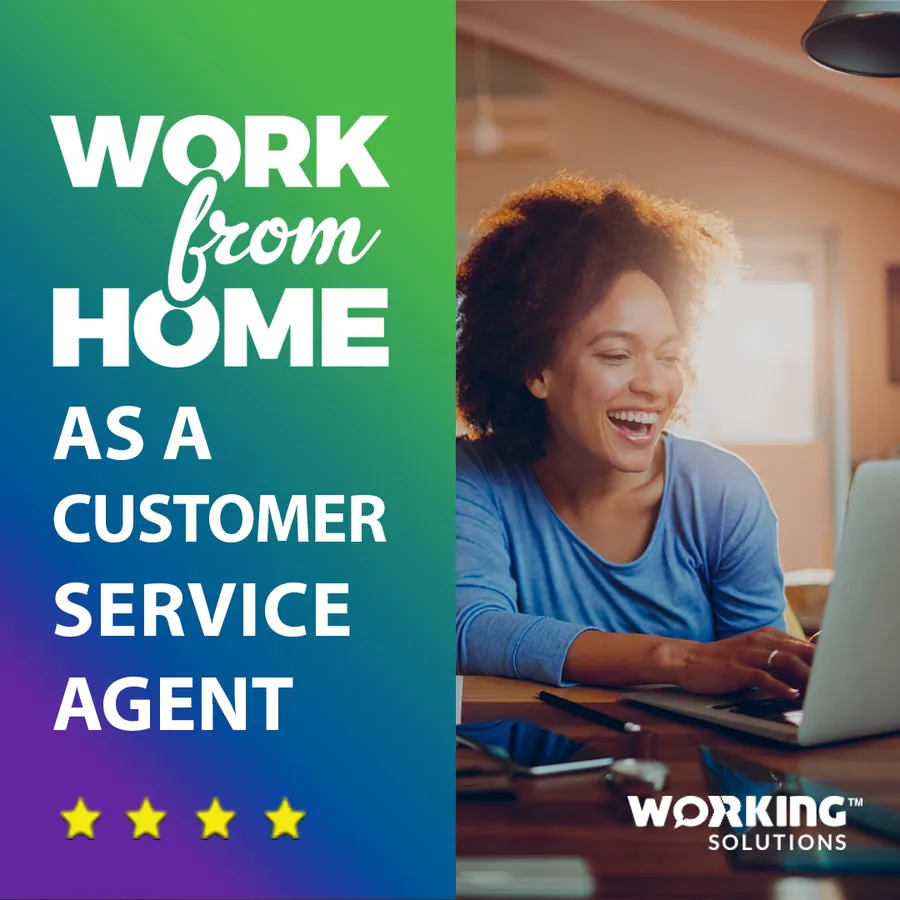 Recruiting post: 'Work from Home as a Customer Service Agent' on a purple-to-green gradient beside a smiling agent at a laptop