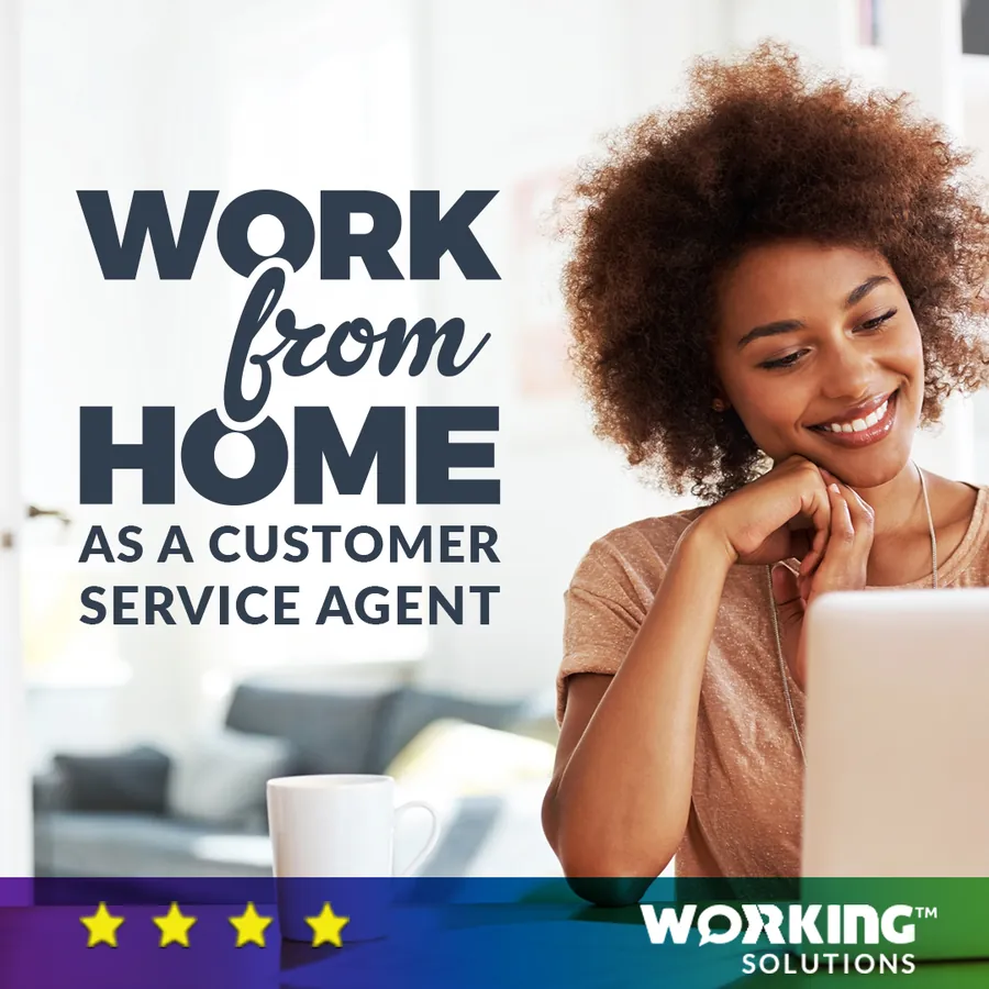 Recruiting post: 'Work from Home as a Customer Service Agent' over a lifestyle photo, with a brand-gradient footer bar