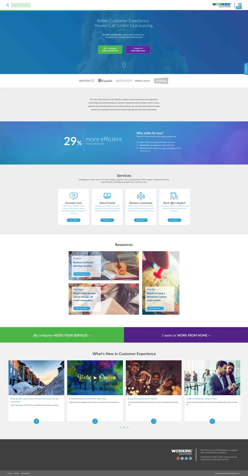 Redesigned homepage: blue hero with 'Better Customer Experience' and two CTAs, client logos, a 29% efficiency stat, four service cards, resources and blog