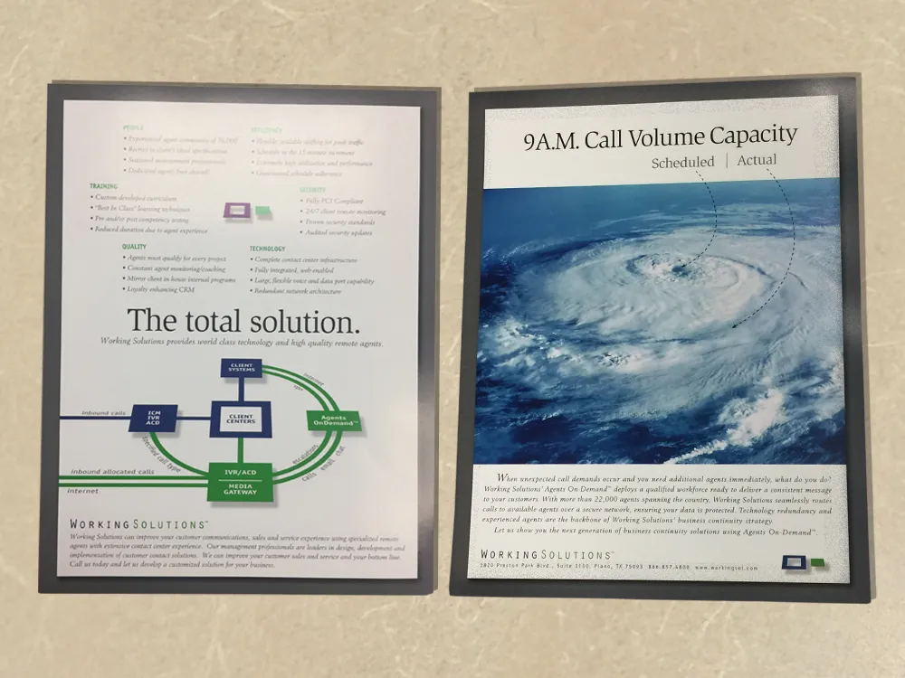 Two old sales flyers: 'The total solution' diagram and '9 A.M. Call Volume Capacity' with a hurricane photo