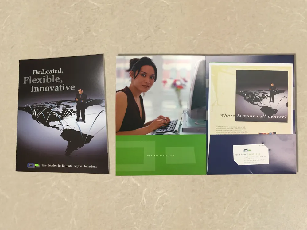 Old presentation folder with a world-map cover, 'Dedicated, Flexible, Innovative'