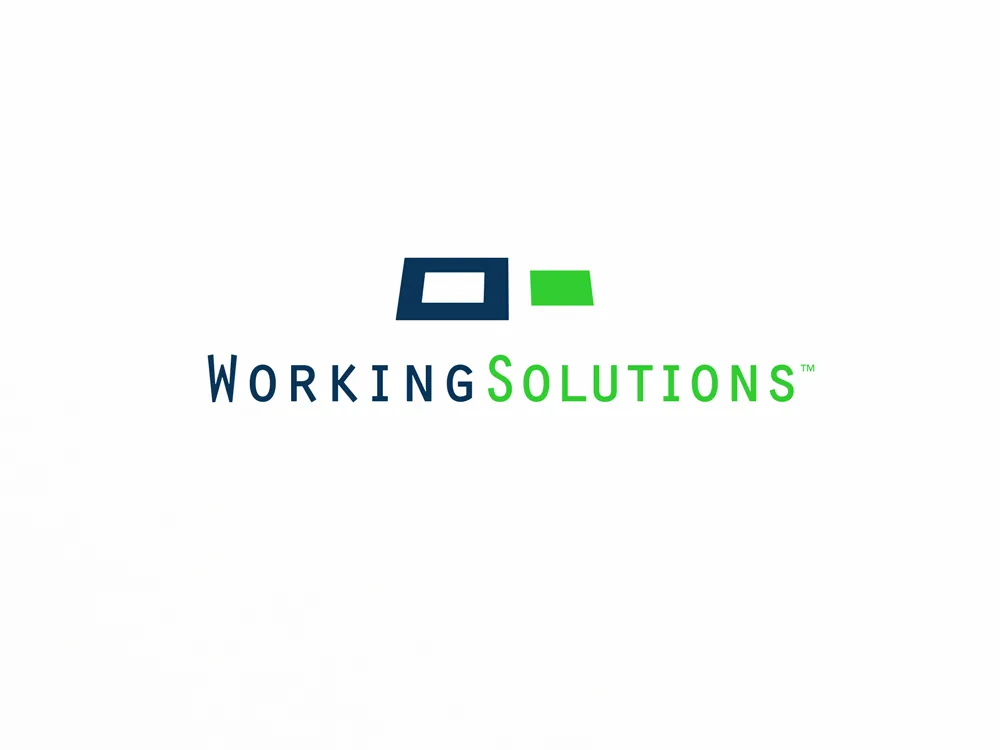 Original Working Solutions logo: a navy box outline and a green tab above a spaced-out wordmark