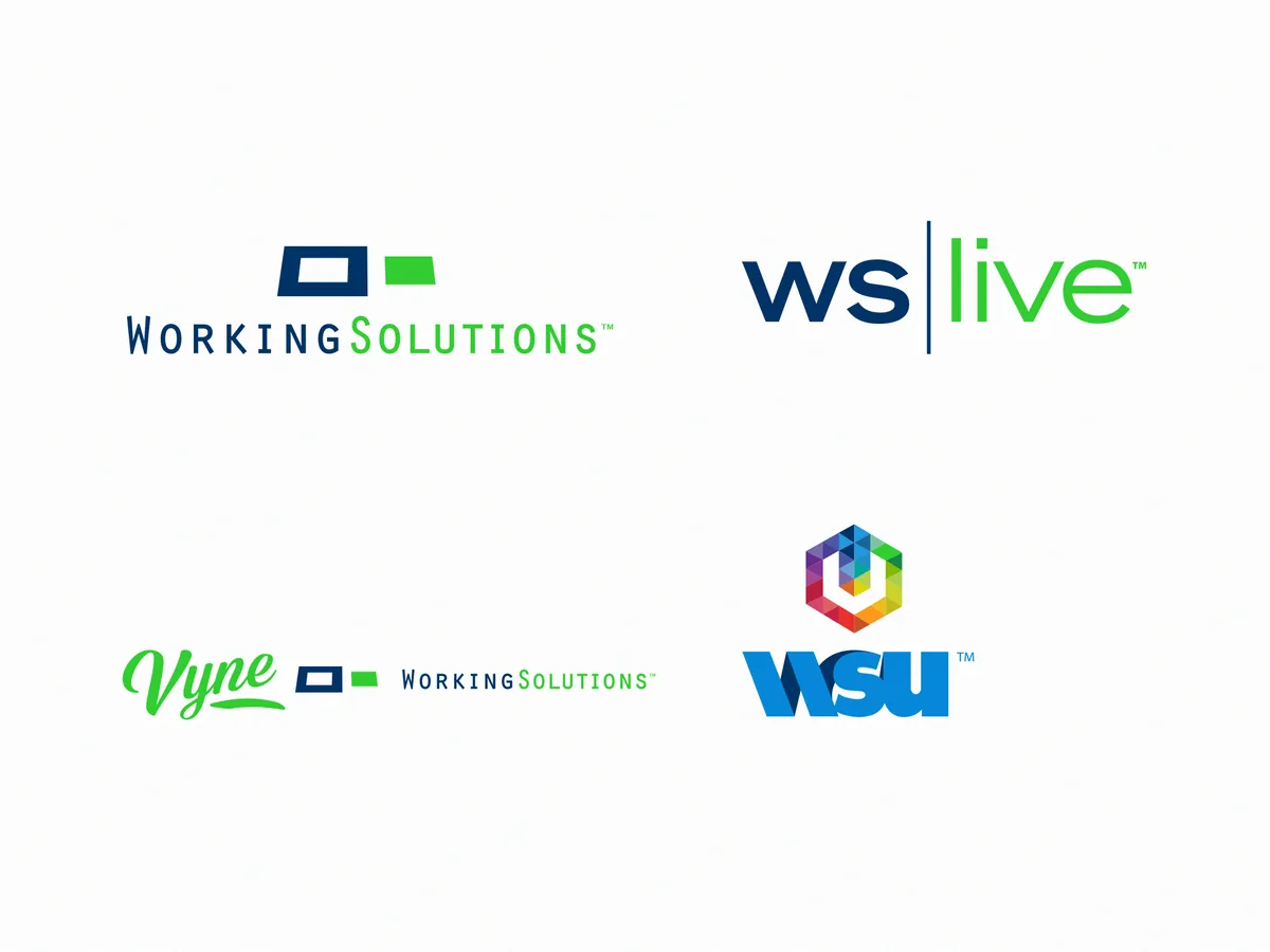 Four unrelated sub-brand logos: Working Solutions, ws|live, Vyne and a multicolor WSU mark