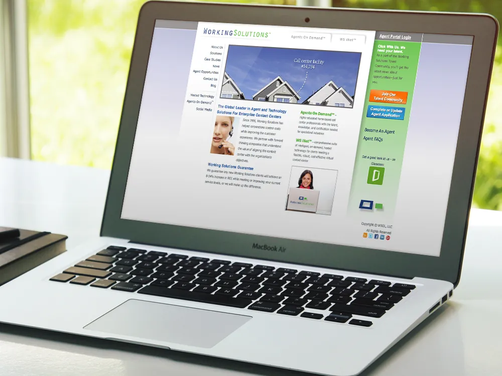 Original website on a laptop: small centered layout, left text menu, house photo and a green sidebar